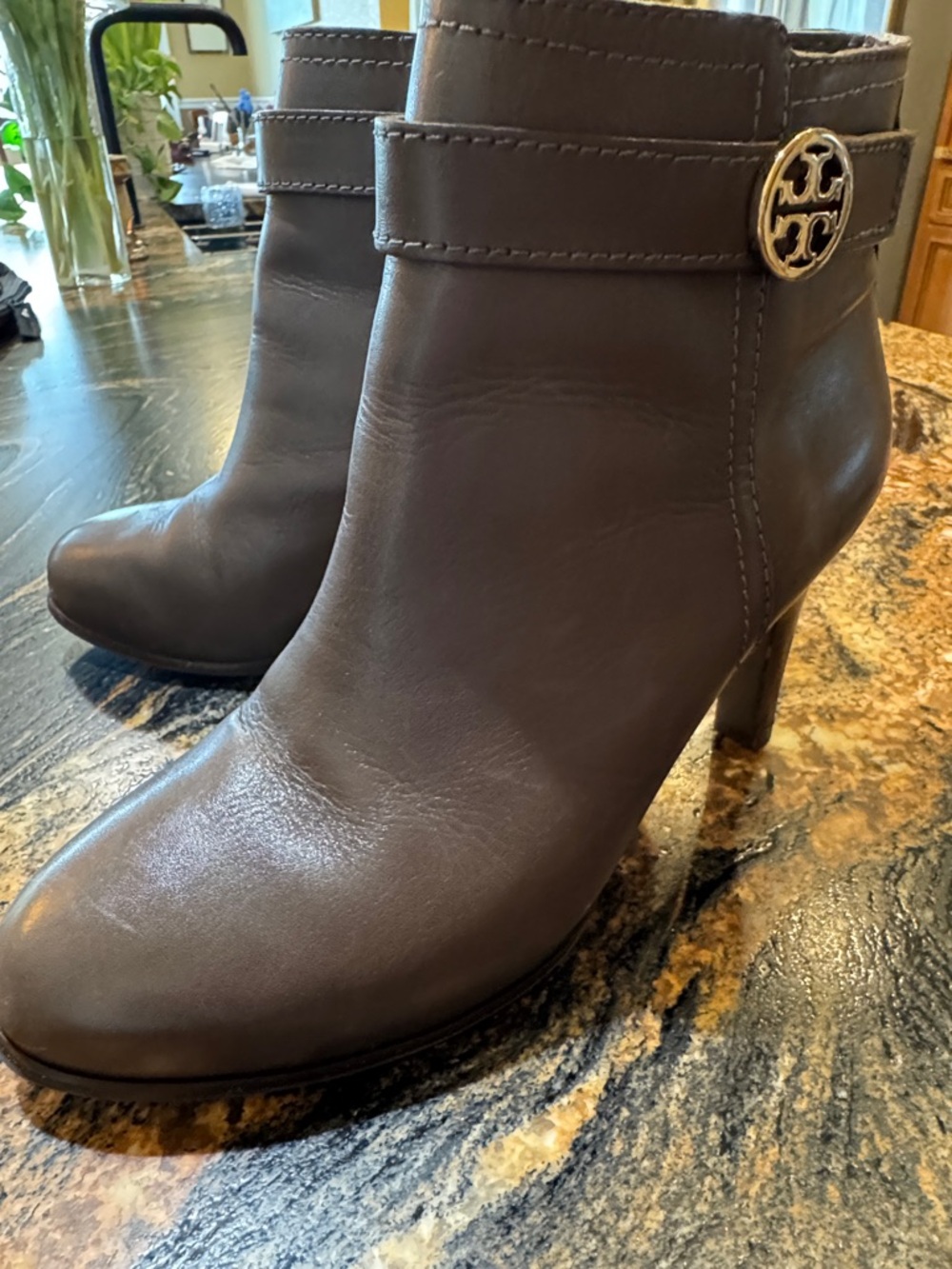 Tory Burch Grey/Brown Leather Ankle Booties with Logo Accent